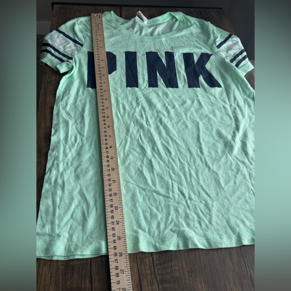 Victoria’s Secret PINK Mint Green Short Sleeve Logo Tee Navy & White Size Med - Picture 5 of 7